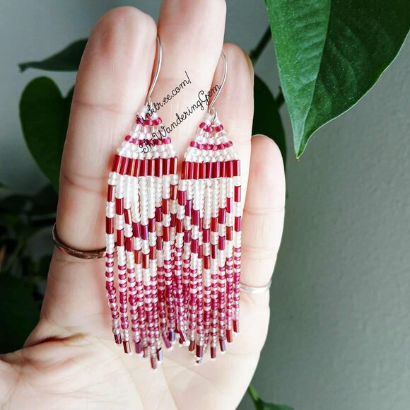 Boho Chic Beaded Fringe Cascade Dangle Earrings, Plum & White, 4" - Picture 3 of 8